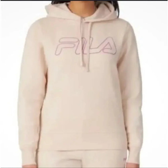 Fila Hooded Sweatshirt Beige with Pink Logo Relaxed Fit Size Medium - Picture 1 of 6